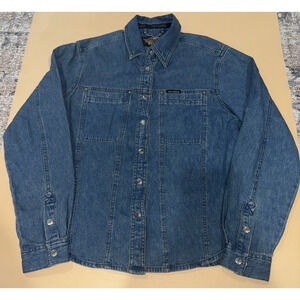 Vintage Harley-Davidson Womens Size L Denim Shirt Eagle American Flag Patch Snap